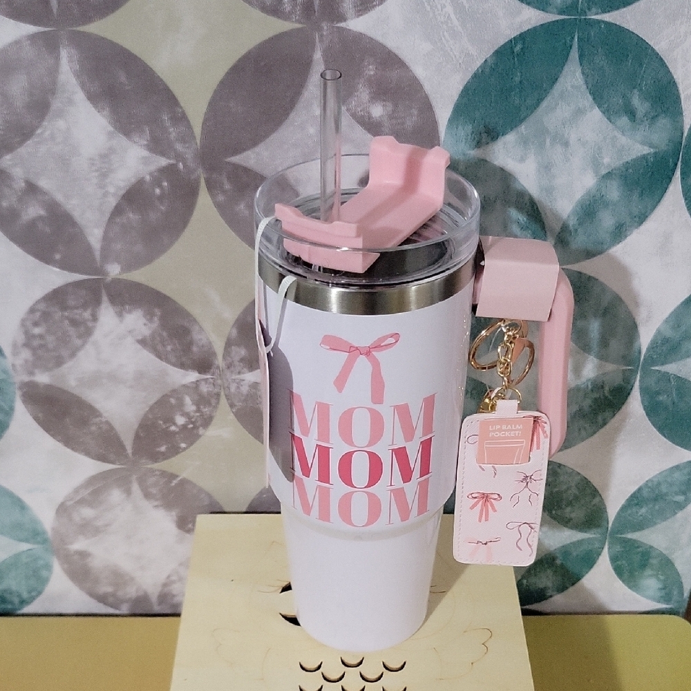 Pink and White Mom Tumbler with Straw Lid And Lip Balm Pocket.